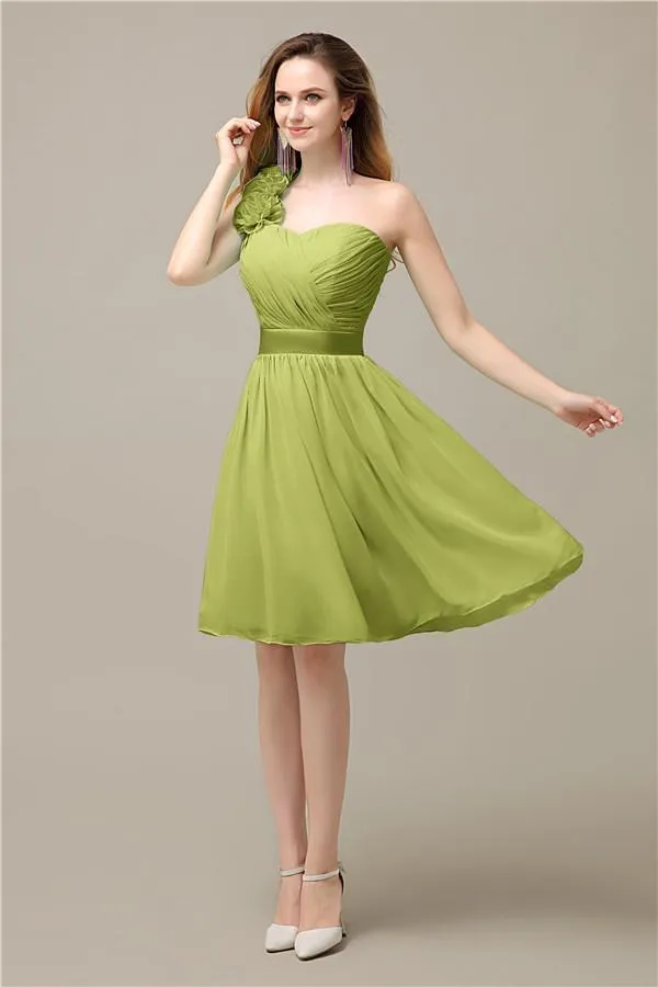 A-line Chiffon One Shoulder Knee-Length Short Bridesmaid Dresses