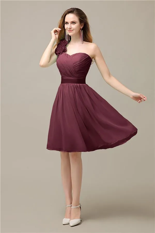 A-line Chiffon One Shoulder Knee-Length Short Bridesmaid Dresses