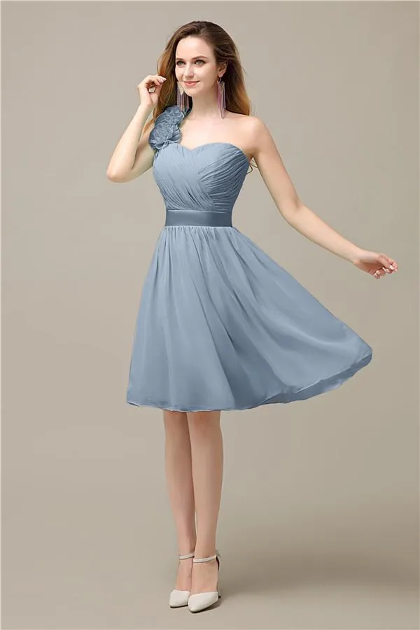 A-line Chiffon One Shoulder Knee-Length Short Bridesmaid Dresses