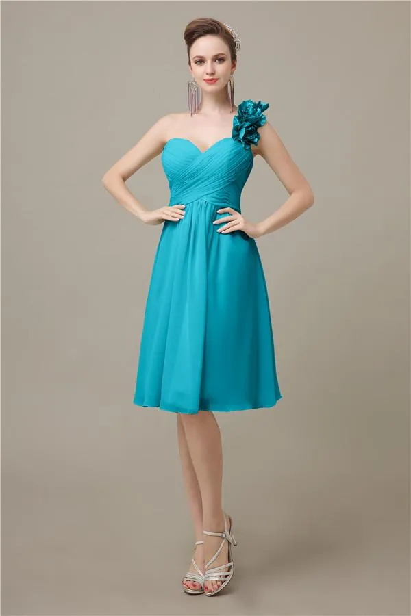 A-line Chiffon One Shoulder Knee-Length Short Bridesmaid Dresses