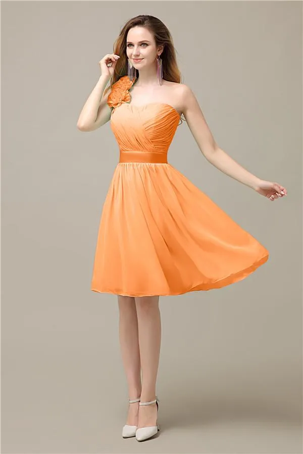 A-line Chiffon One Shoulder Knee-Length Short Bridesmaid Dresses