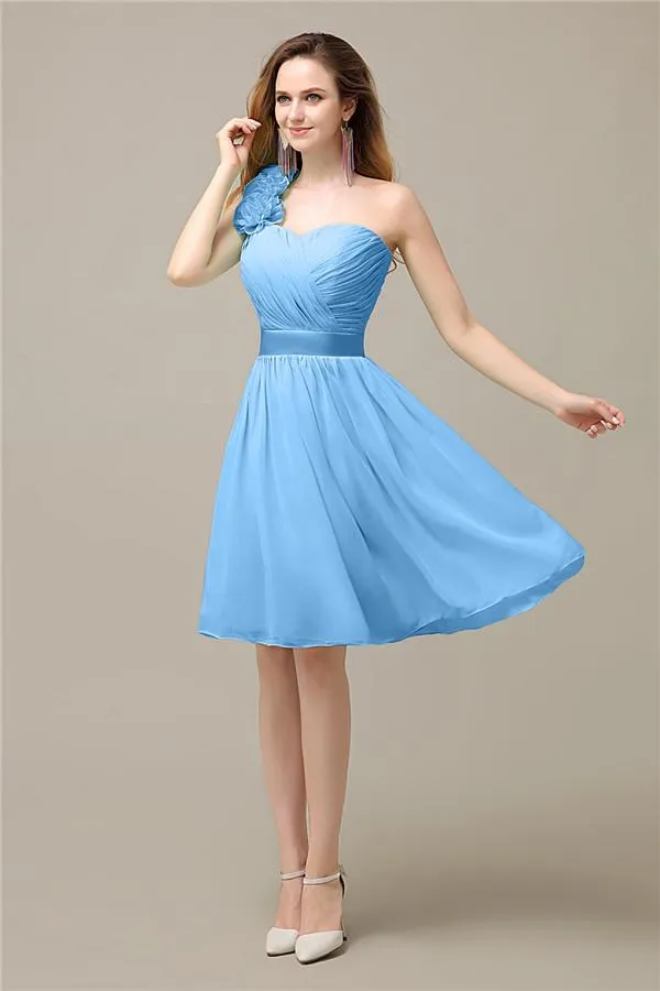 A-line Chiffon One Shoulder Knee-Length Short Bridesmaid Dresses