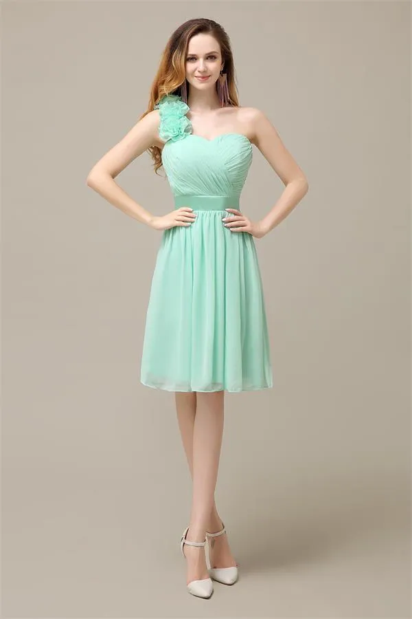 A-line Chiffon One Shoulder Knee-Length Short Bridesmaid Dresses