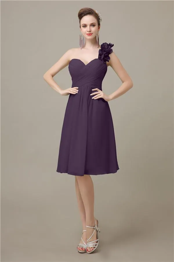 A-line Chiffon One Shoulder Knee-Length Short Bridesmaid Dresses