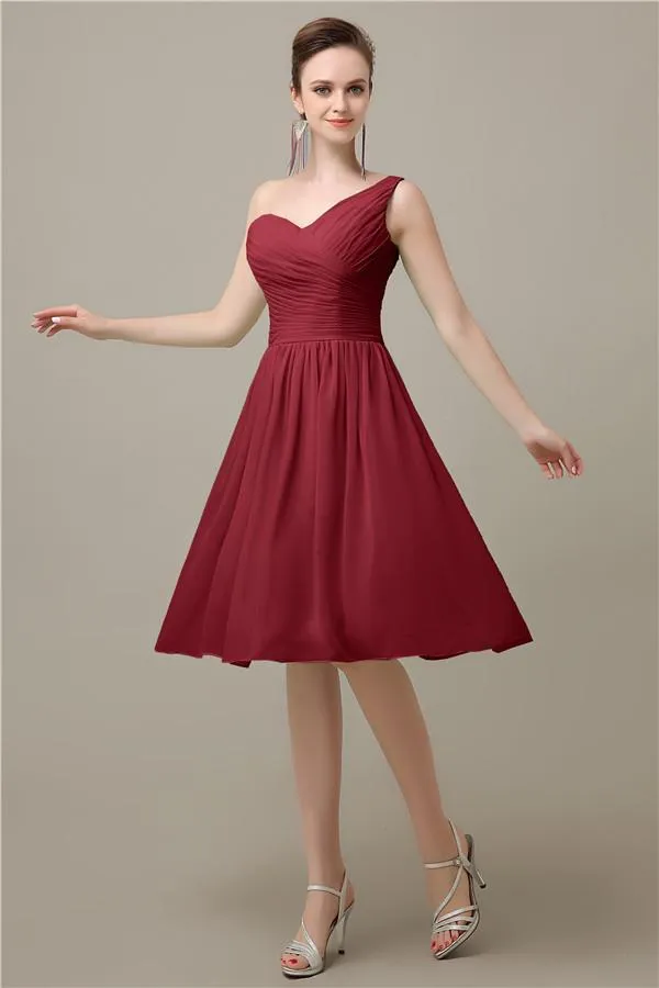 A-line Chiffon One Shoulder Knee-Length Short Bridesmaid Dresses