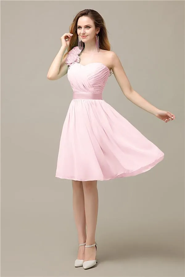 A-line Chiffon One Shoulder Knee-Length Short Bridesmaid Dresses