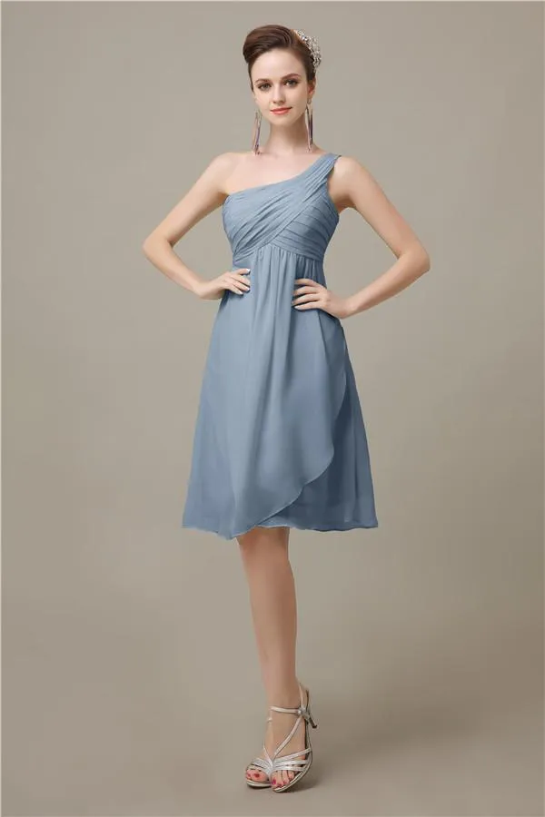 A-line Chiffon One Shoulder Knee-Length Short Bridesmaid Dresses