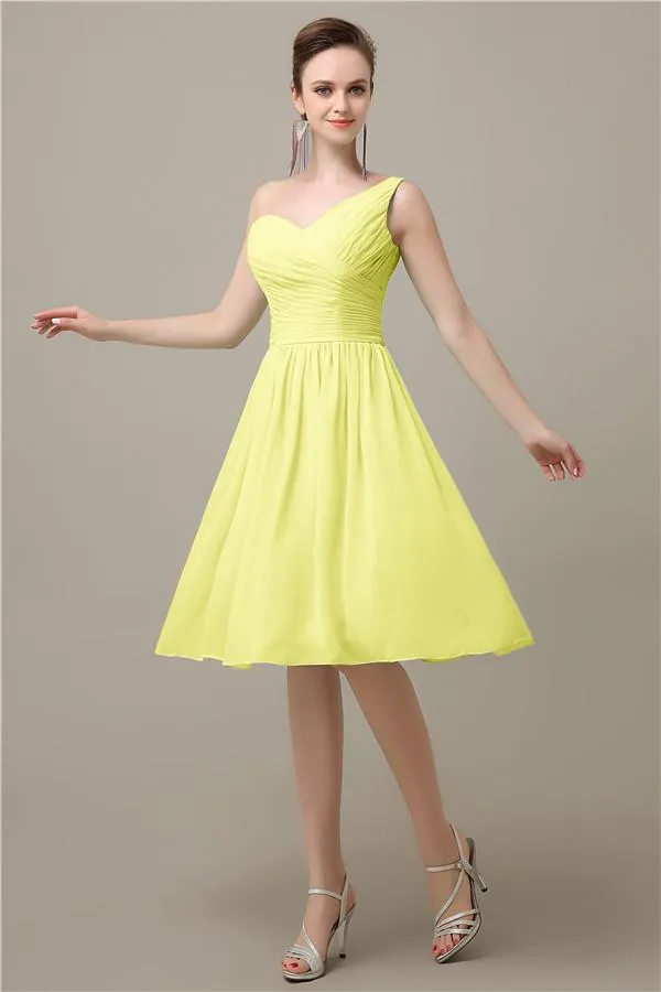 A-line Chiffon One Shoulder Knee-Length Short Bridesmaid Dresses