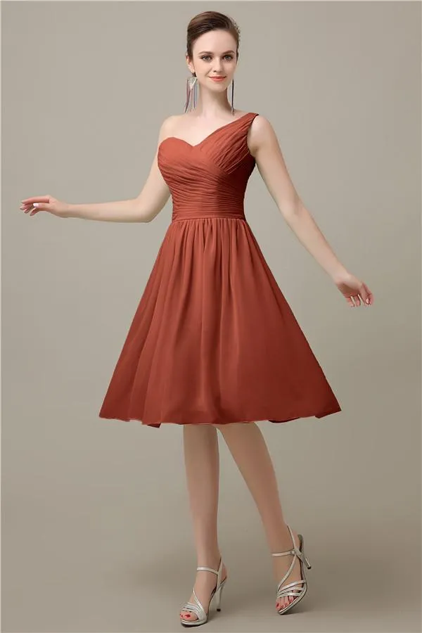 A-line Chiffon One Shoulder Knee-Length Short Bridesmaid Dresses