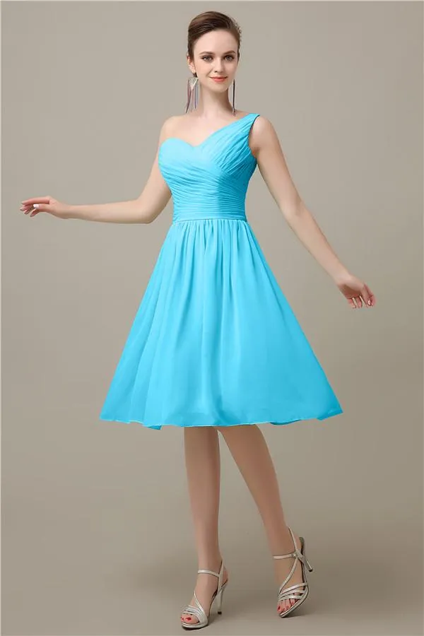 A-line Chiffon One Shoulder Knee-Length Short Bridesmaid Dresses