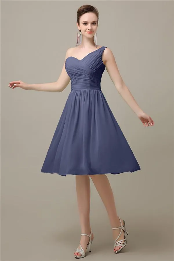 A-line Chiffon One Shoulder Knee-Length Short Bridesmaid Dresses