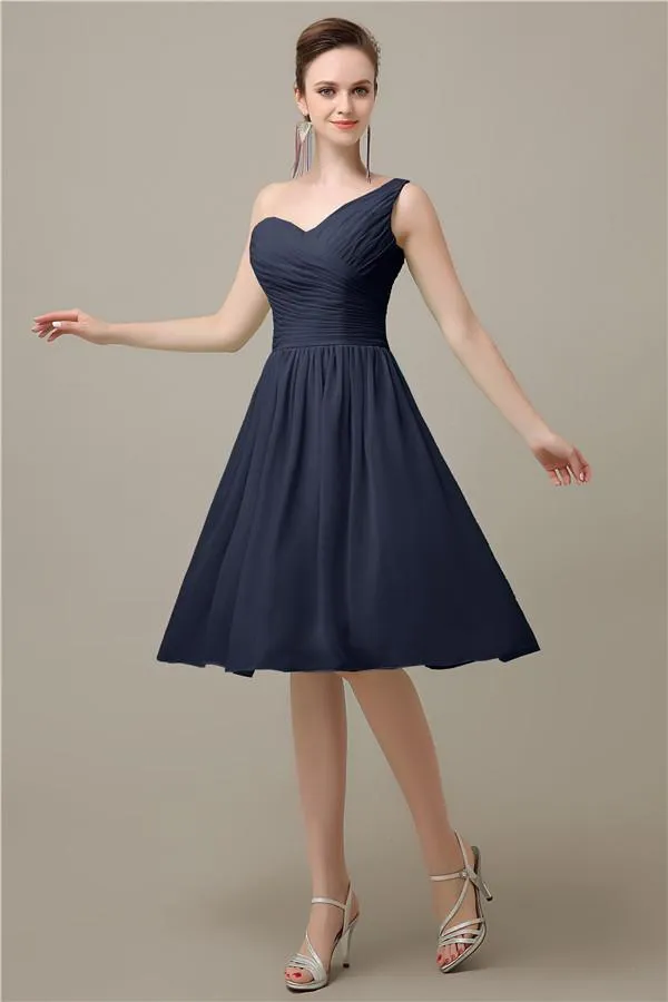 A-line Chiffon One Shoulder Knee-Length Short Bridesmaid Dresses