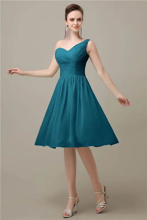 A-line Chiffon One Shoulder Knee-Length Short Bridesmaid Dresses