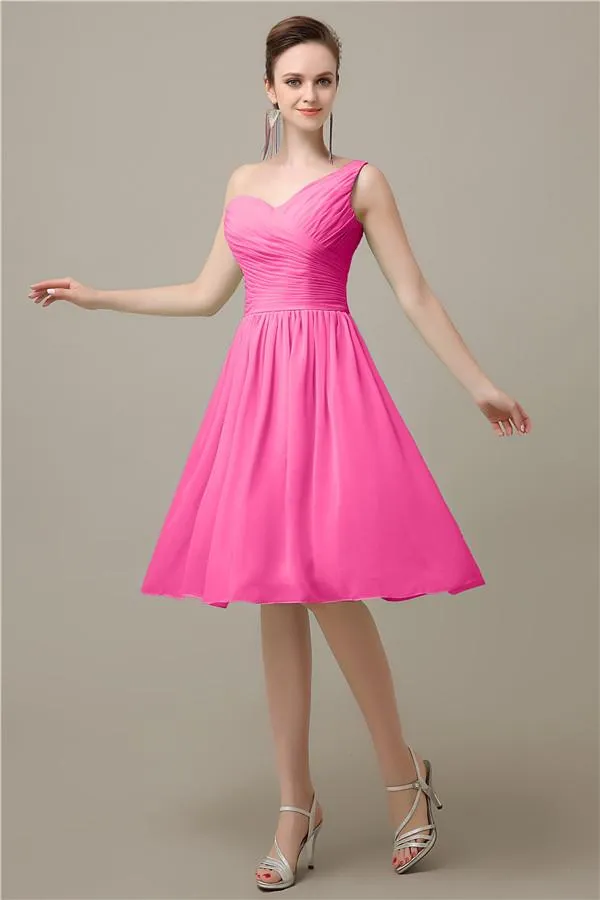 A-line Chiffon One Shoulder Knee-Length Short Bridesmaid Dresses