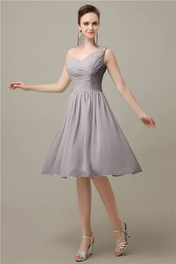 A-line Chiffon One Shoulder Knee-Length Short Bridesmaid Dresses