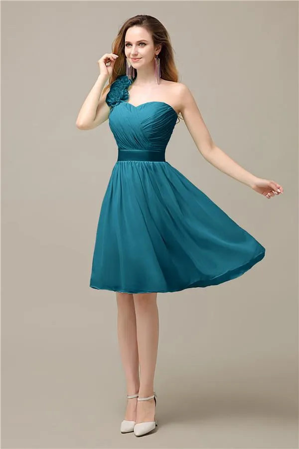 A-line Chiffon One Shoulder Knee-Length Short Bridesmaid Dresses