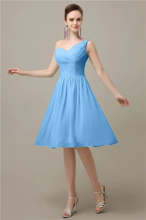 A-line Chiffon One Shoulder Knee-Length Short Bridesmaid Dresses