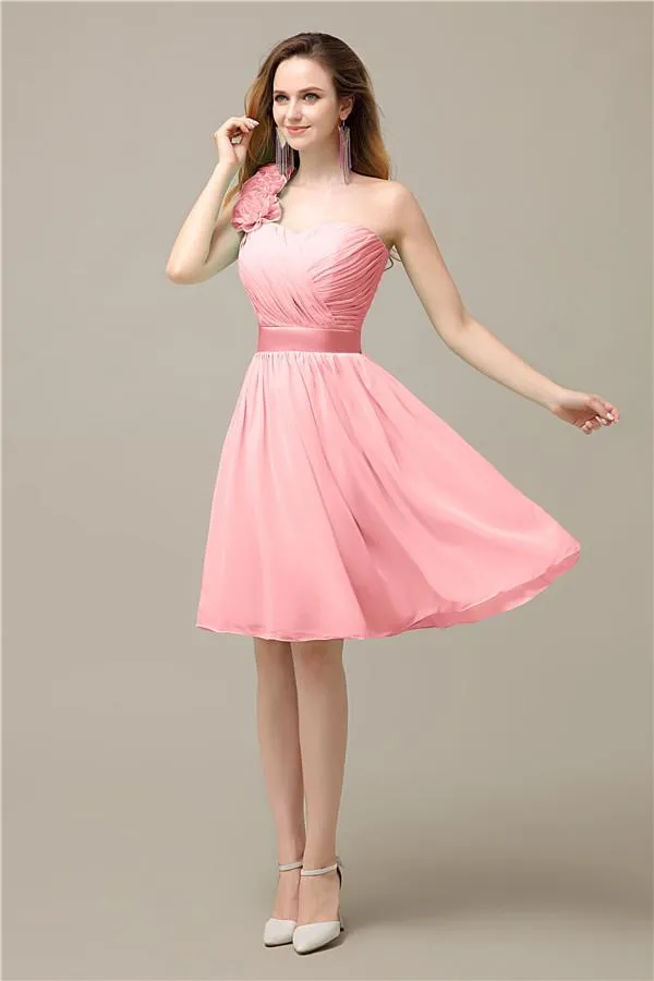 A-line Chiffon One Shoulder Knee-Length Short Bridesmaid Dresses