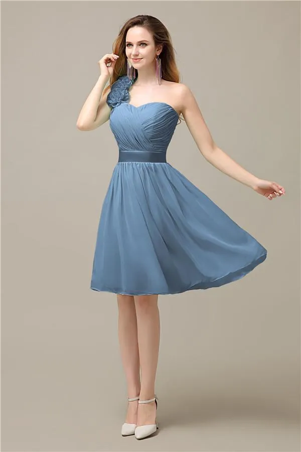 A-line Chiffon One Shoulder Knee-Length Short Bridesmaid Dresses