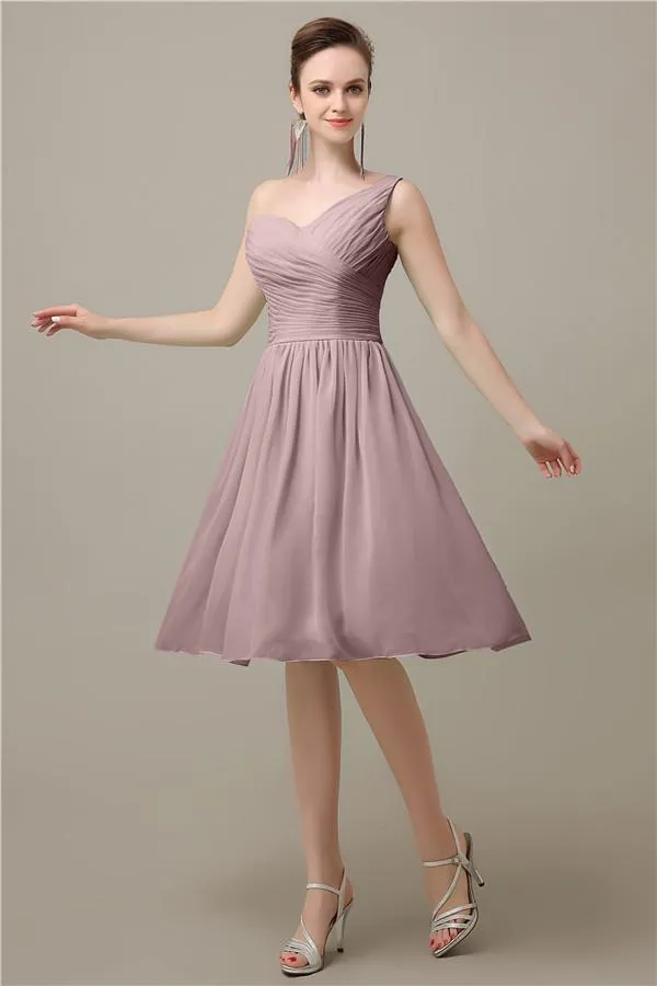 A-line Chiffon One Shoulder Knee-Length Short Bridesmaid Dresses