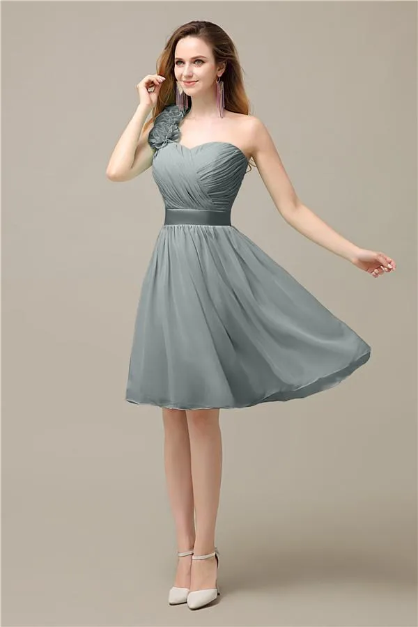 A-line Chiffon One Shoulder Knee-Length Short Bridesmaid Dresses