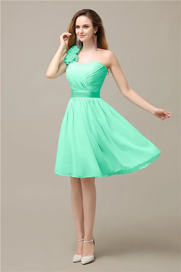 A-line Chiffon One Shoulder Knee-Length Short Bridesmaid Dresses