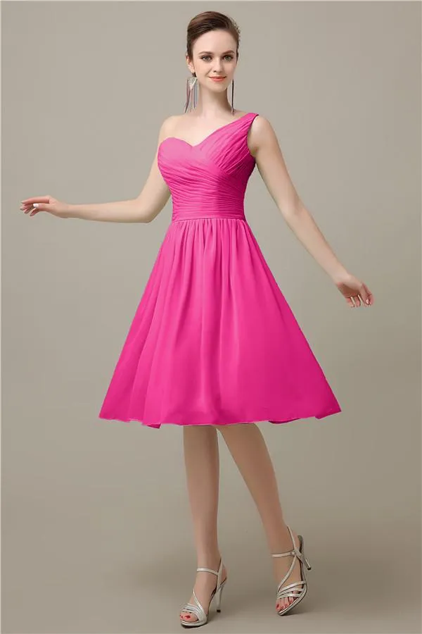 A-line Chiffon One Shoulder Knee-Length Short Bridesmaid Dresses