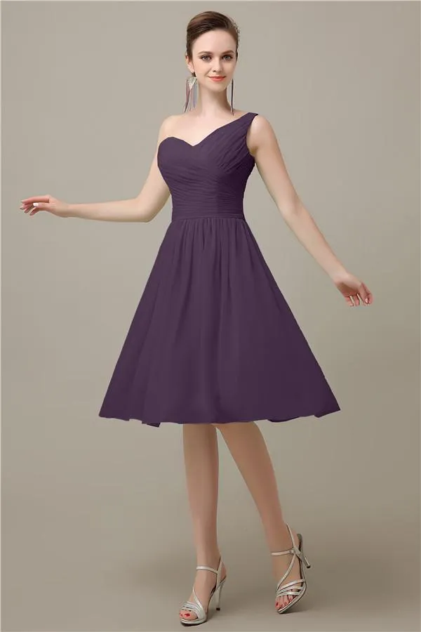 A-line Chiffon One Shoulder Knee-Length Short Bridesmaid Dresses