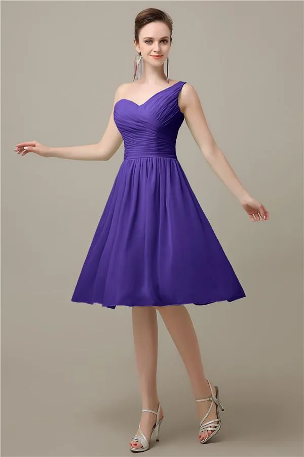 A-line Chiffon One Shoulder Knee-Length Short Bridesmaid Dresses