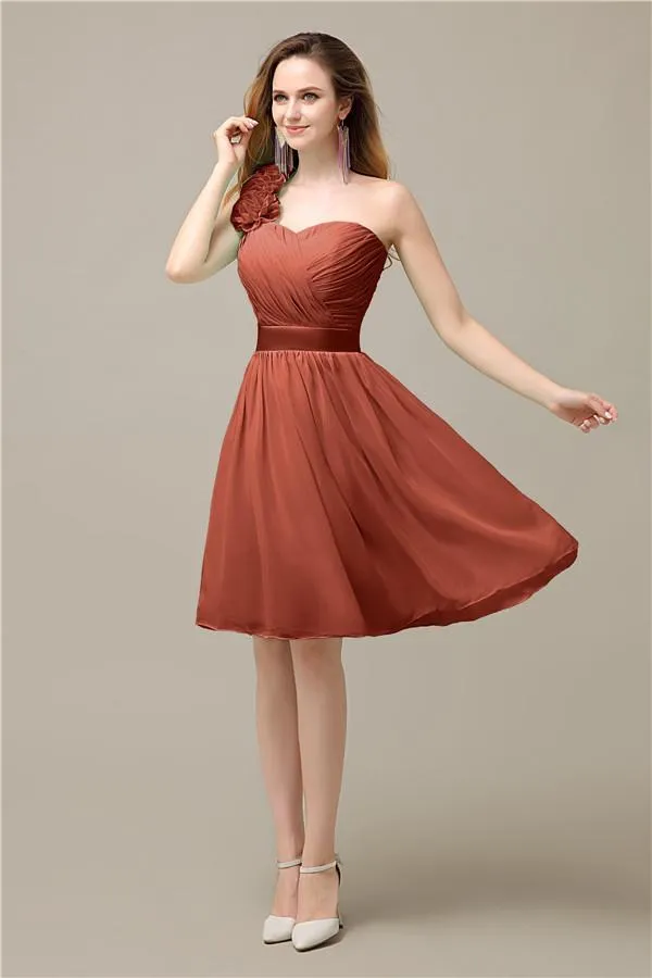 A-line Chiffon One Shoulder Knee-Length Short Bridesmaid Dresses