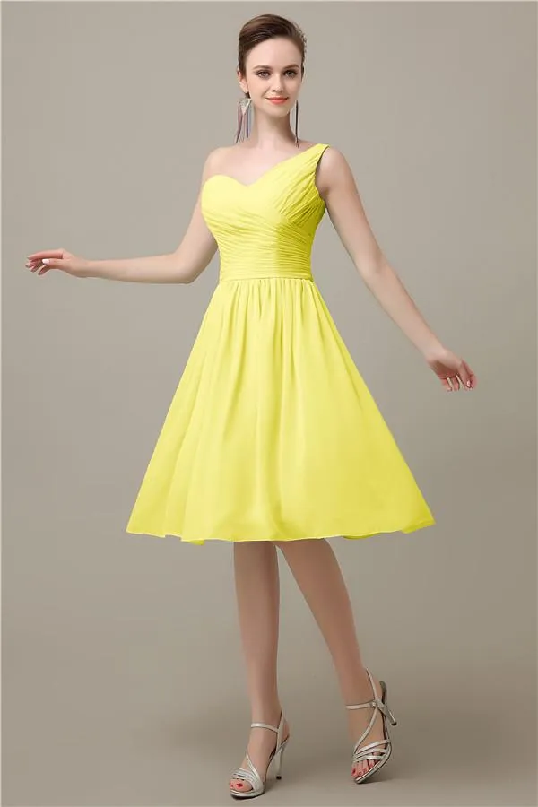 A-line Chiffon One Shoulder Knee-Length Short Bridesmaid Dresses