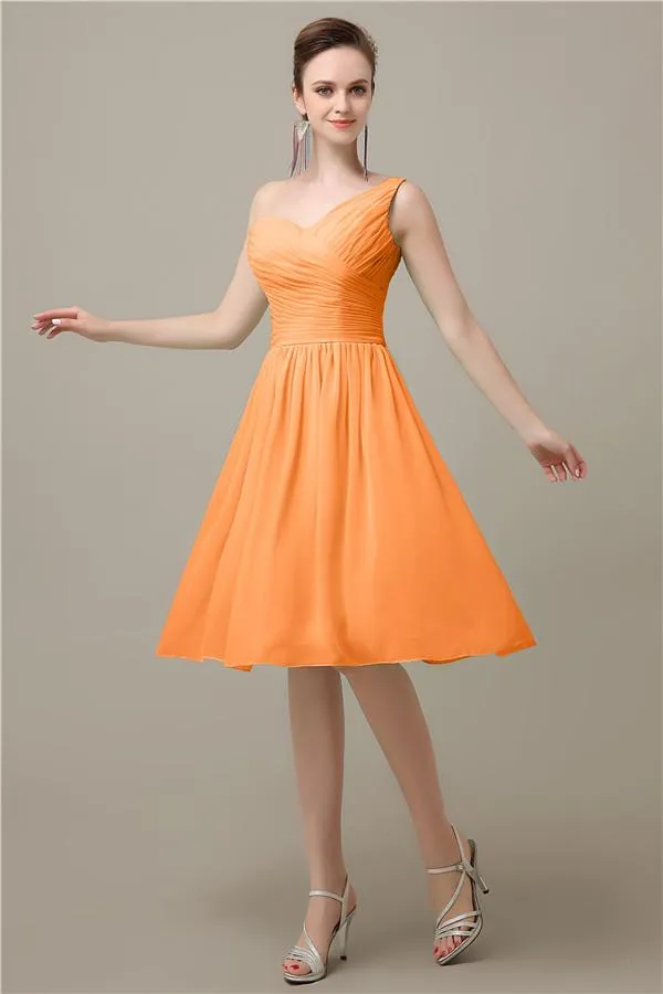 A-line Chiffon One Shoulder Knee-Length Short Bridesmaid Dresses