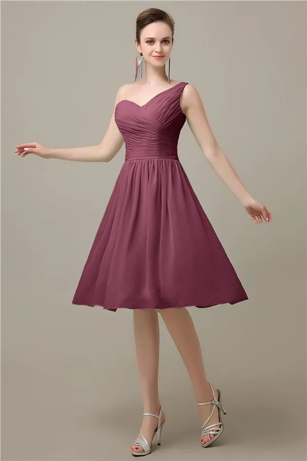 A-line Chiffon One Shoulder Knee-Length Short Bridesmaid Dresses