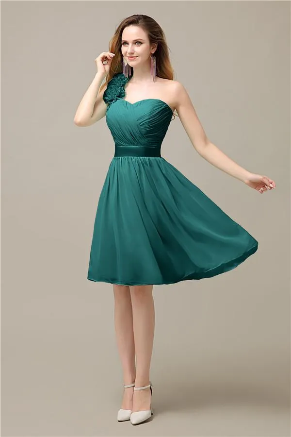 A-line Chiffon One Shoulder Knee-Length Short Bridesmaid Dresses