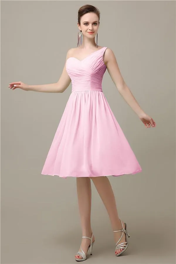 A-line Chiffon One Shoulder Knee-Length Short Bridesmaid Dresses