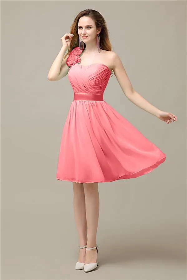 A-line Chiffon One Shoulder Knee-Length Short Bridesmaid Dresses