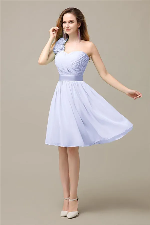 A-line Chiffon One Shoulder Knee-Length Short Bridesmaid Dresses