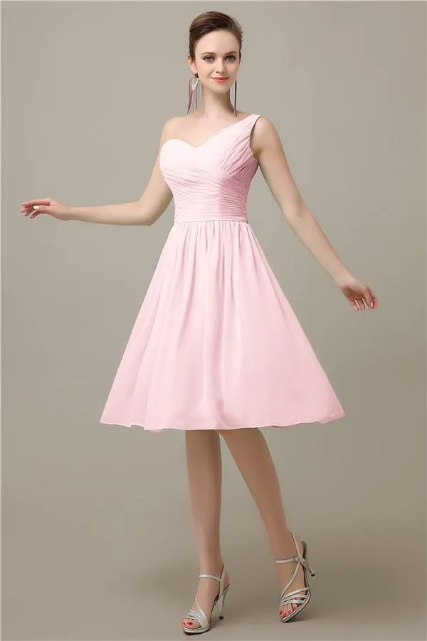 A-line Chiffon One Shoulder Knee-Length Short Bridesmaid Dresses