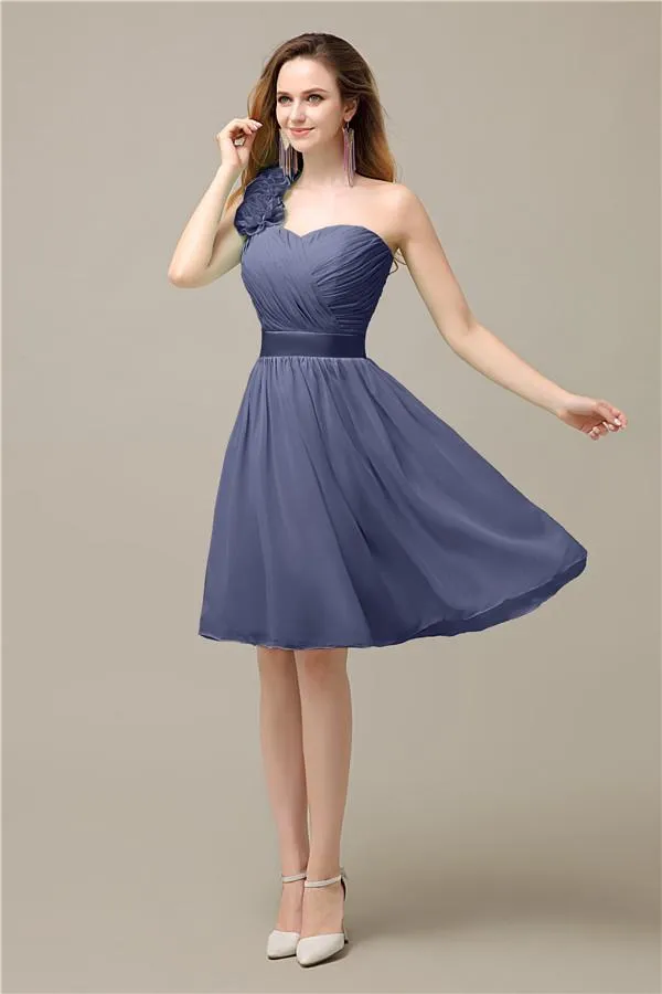 A-line Chiffon One Shoulder Knee-Length Short Bridesmaid Dresses