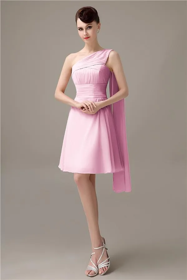 A-line Chiffon One Shoulder Unique Short Bridesmaid Dresses