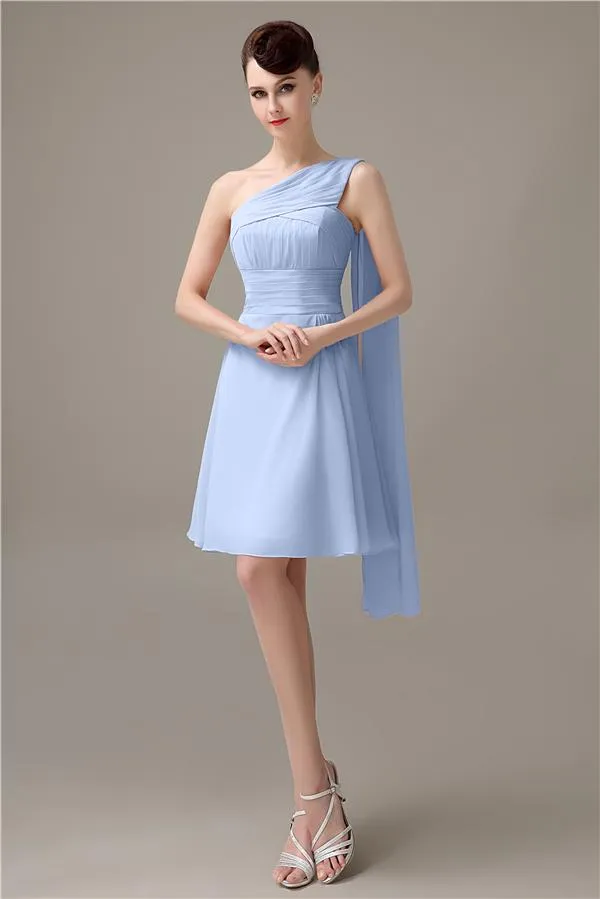 A-line Chiffon One Shoulder Unique Short Bridesmaid Dresses