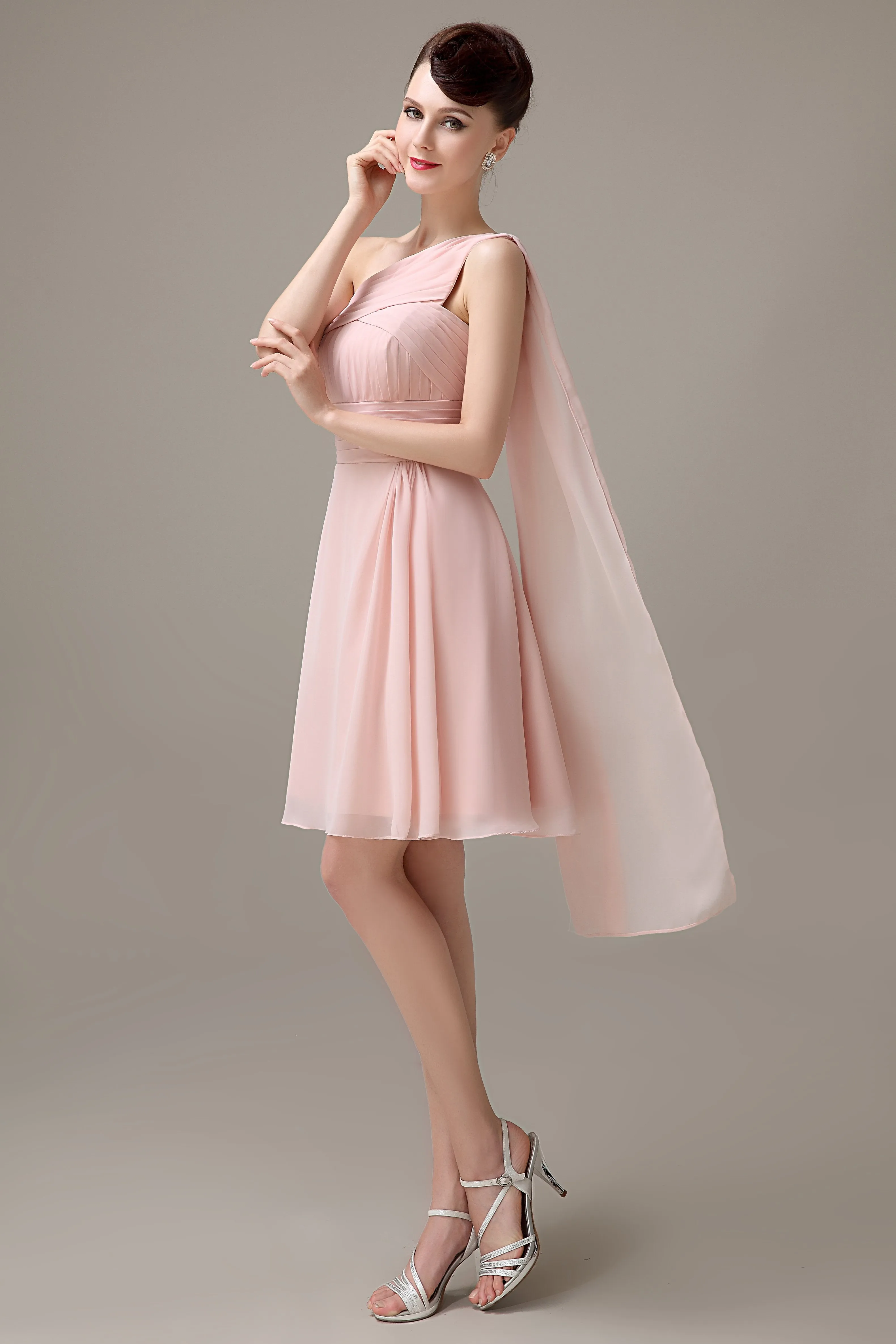 A-line Chiffon One Shoulder Unique Short Bridesmaid Dresses