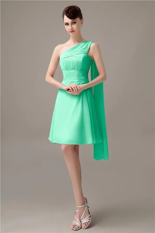 A-line Chiffon One Shoulder Unique Short Bridesmaid Dresses