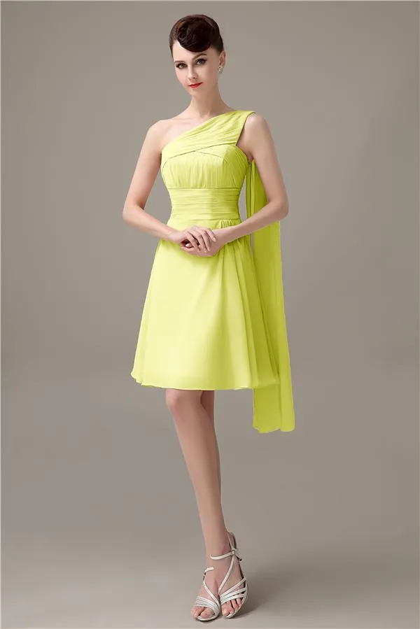 A-line Chiffon One Shoulder Unique Short Bridesmaid Dresses