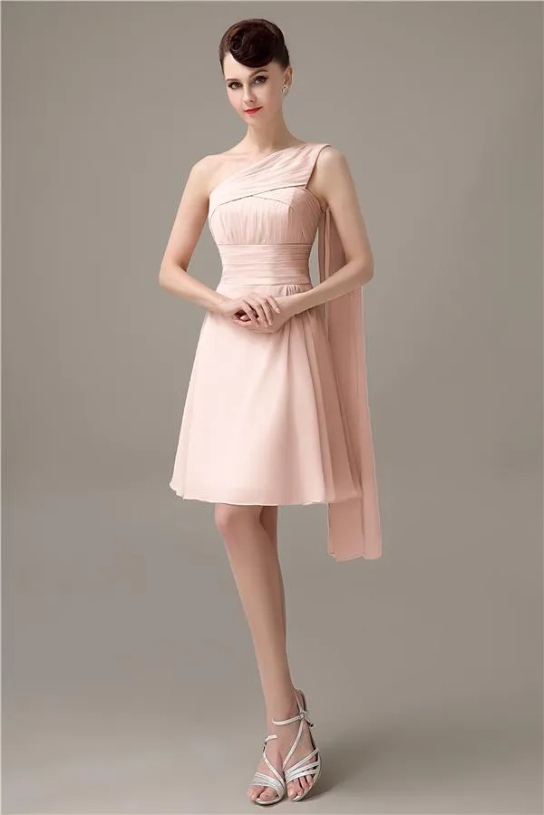 A-line Chiffon One Shoulder Unique Short Bridesmaid Dresses