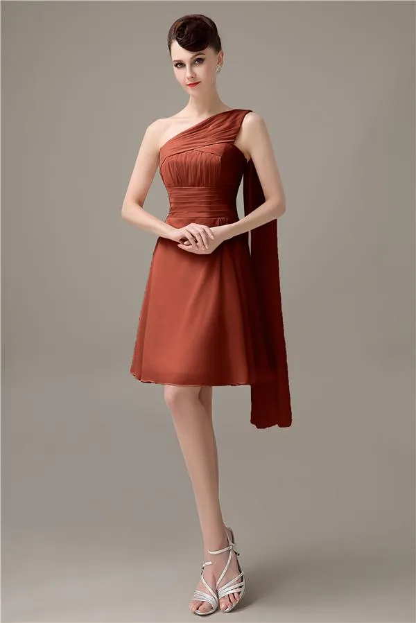 A-line Chiffon One Shoulder Unique Short Bridesmaid Dresses