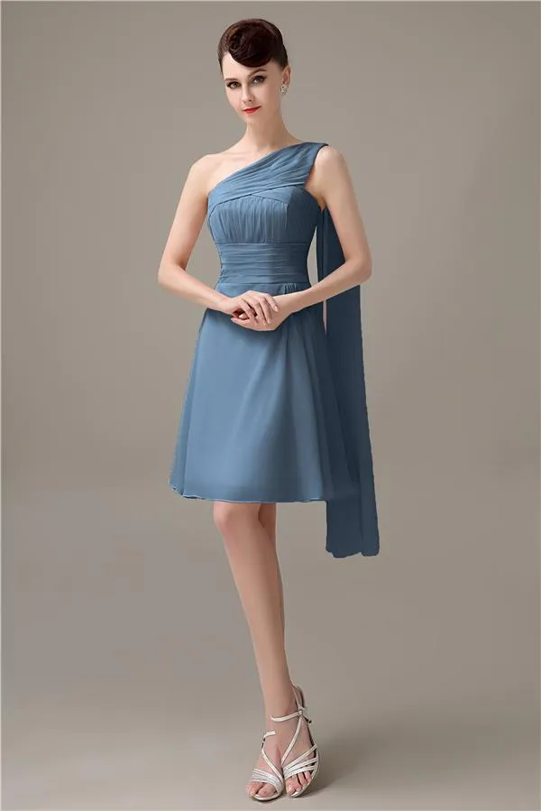 A-line Chiffon One Shoulder Unique Short Bridesmaid Dresses