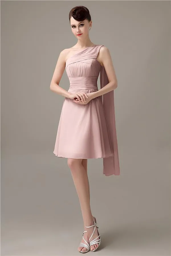 A-line Chiffon One Shoulder Unique Short Bridesmaid Dresses