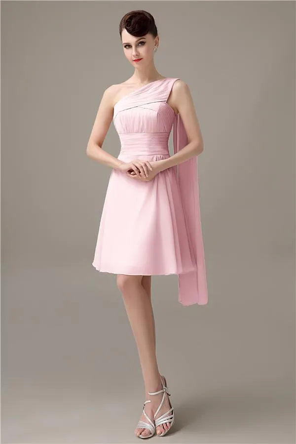 A-line Chiffon One Shoulder Unique Short Bridesmaid Dresses