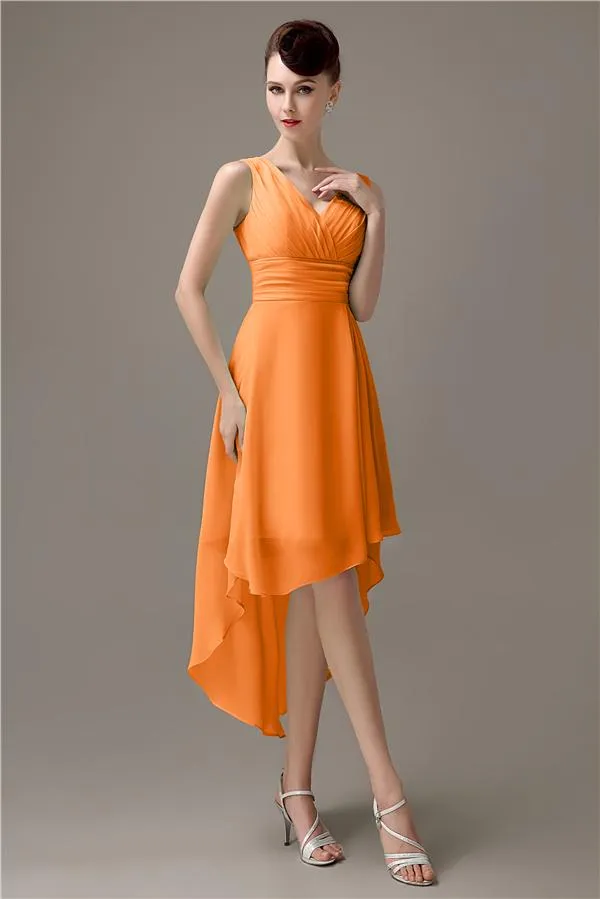 A-line Chiffon V-Neck High-Low Short Beach Bridesmaid Dresses